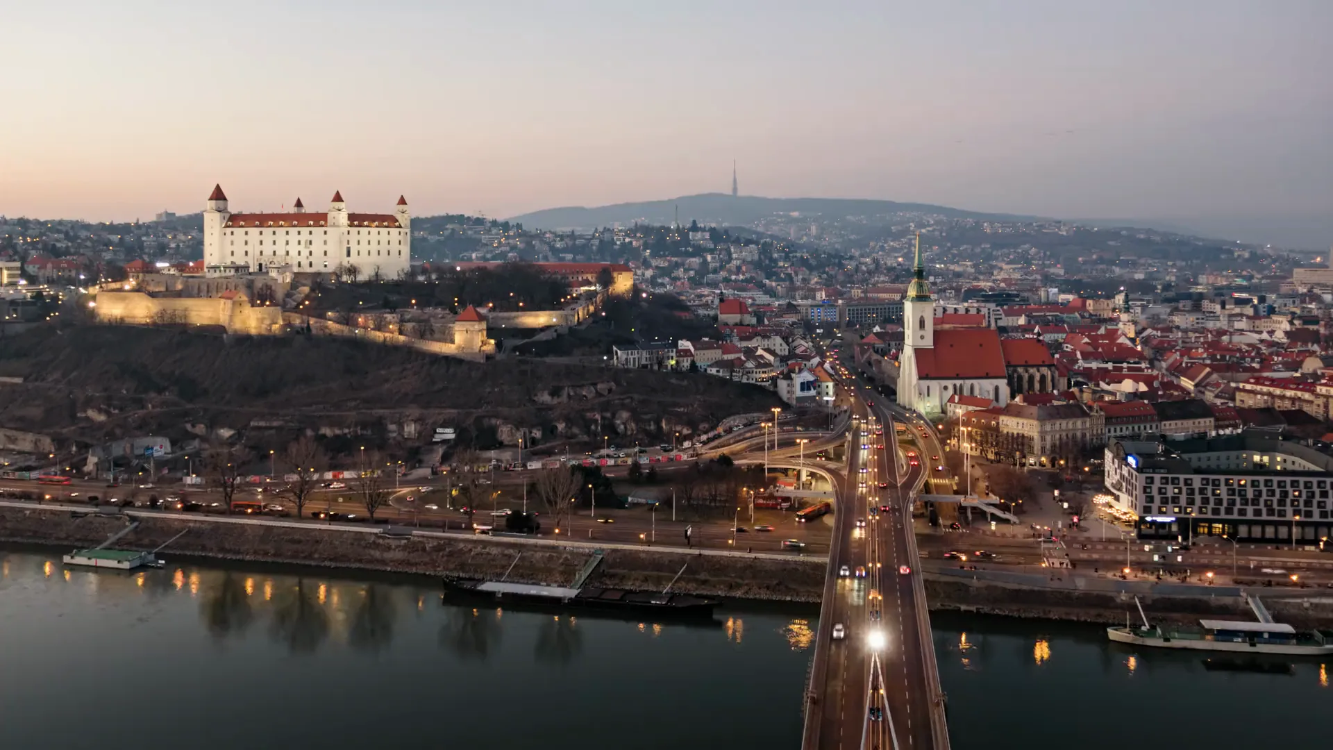 Bratislava Castle and St Martin’s Cathedral above the Danube in the evening